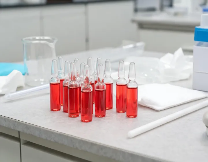 red ampoule solution manufacturer on a cosmetics bench, illustration only
